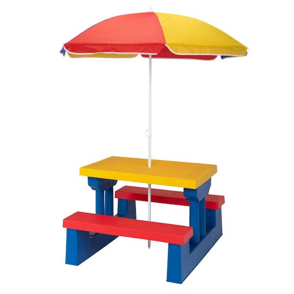 Kid Plastic Picnic Table Set Outdoor Children Patio Furniture Set for Backyard Garden with Umbrella