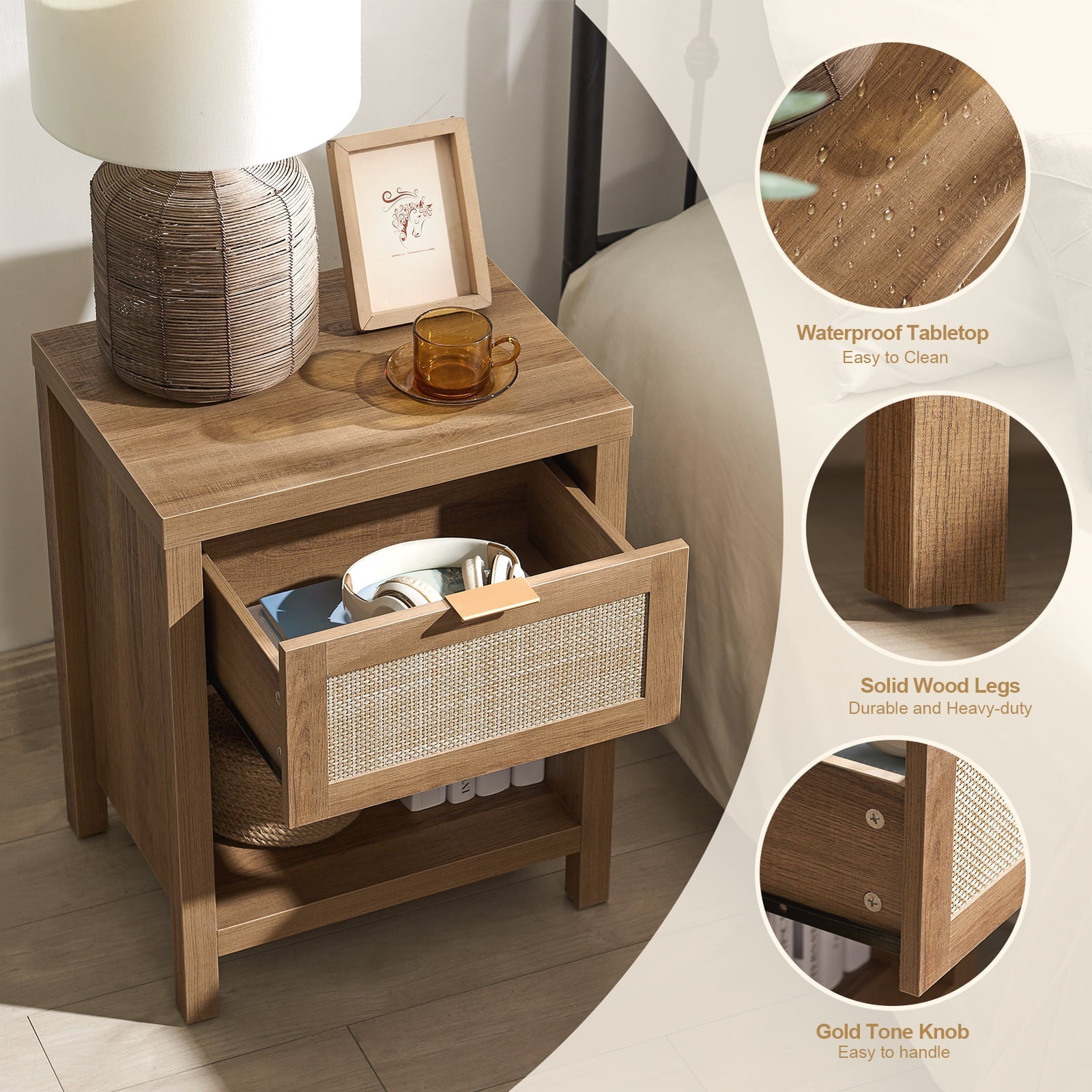 SICOTAS Rattan Nightstand with Drawer and Storage Bedside Table End Table Side Table Accent Table for Bedroom Living Room