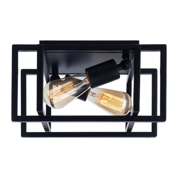 12 in. 2-Light Matte Black Open Geometric Frame Flush Mount
