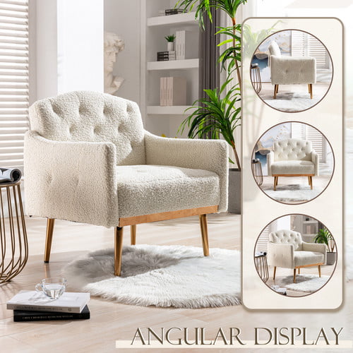 Muumblus Modern Accent Chair, Upholstered Single Sofa Chair Sherpa Arm Chair for Living Room and Bedroom, Comfy Armchair with Metal Legs, White Velvet