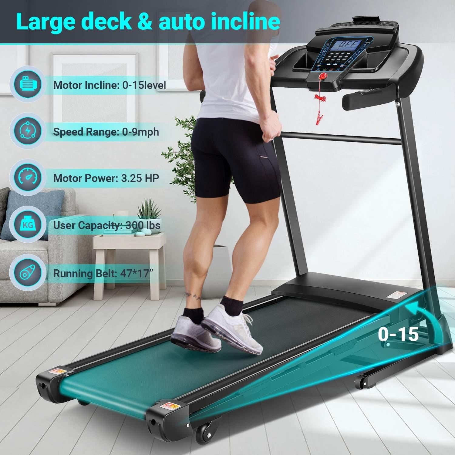 Tikmboex 15% Auto Incline Treadmill with Bluetooth Speaker and LCD Dispaly, Electric Smart Control Running Machine for Exercise, Blue Black