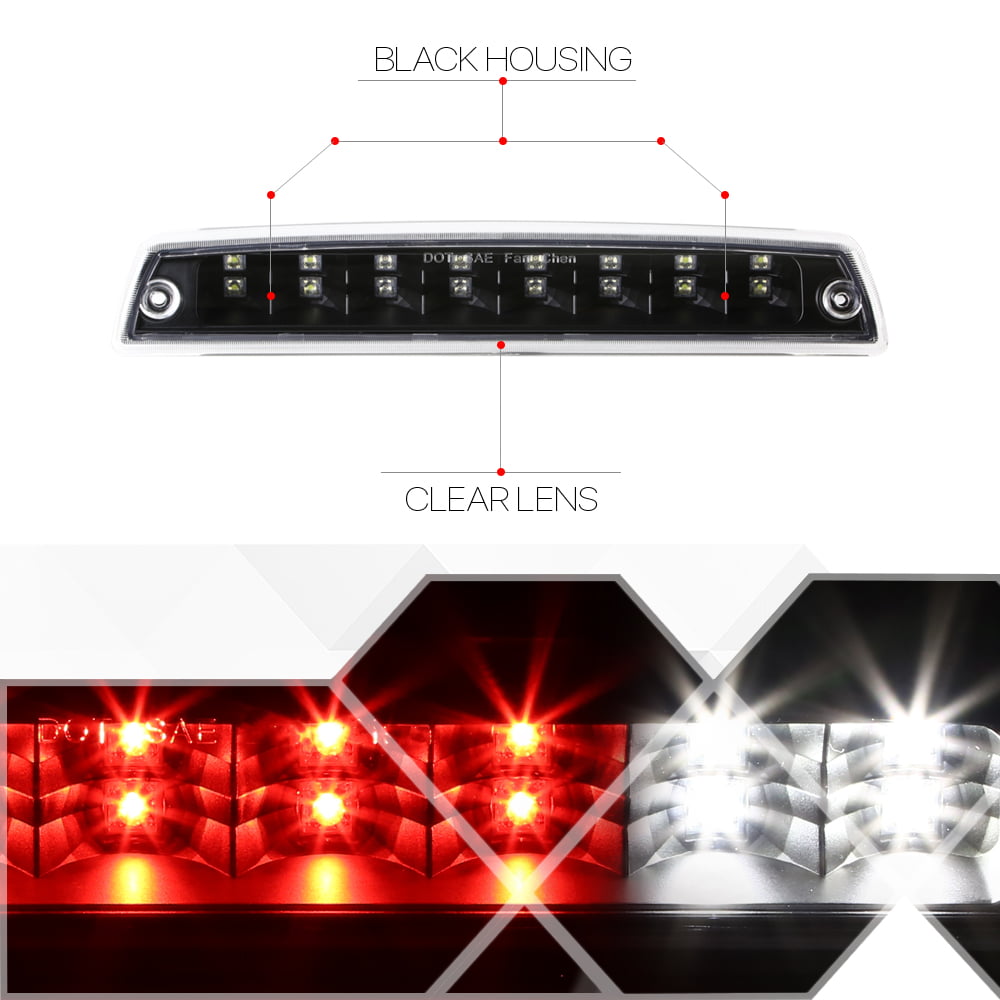 For 1994 to 2002 Dodge Ram 1500 2500 3500 Rear LED 3rd Third Brake Light Tail Stop Lamp Black Housing Clear Lens 95 96 97 98 99 00 01