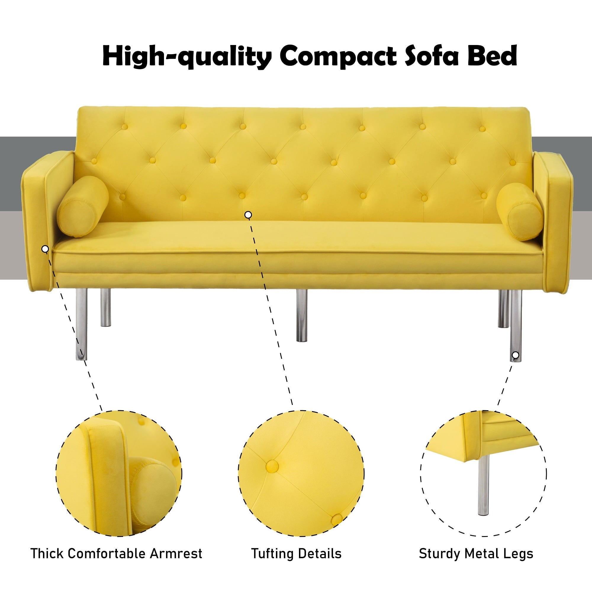 Modstyle Futon Sofa Bed, Velvet Convertible Sleeper Sofa with Pillows, Yellow