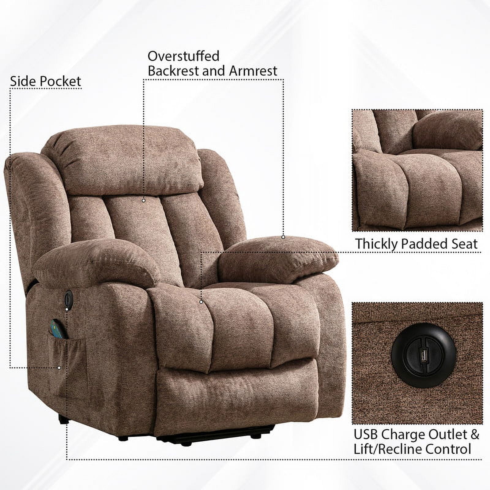 Ebello Design Electric Lift Chair Recliner with Massage Heating and Vibration function, Heavy duty and Safe movement Reclining Chair