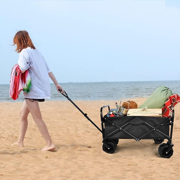3.2 cu. ft. Black Fabric Heavy-Duty Folding Portable Garden Cart w/ 7 in. Widened All-Terrain Wheels Adjustable Handles