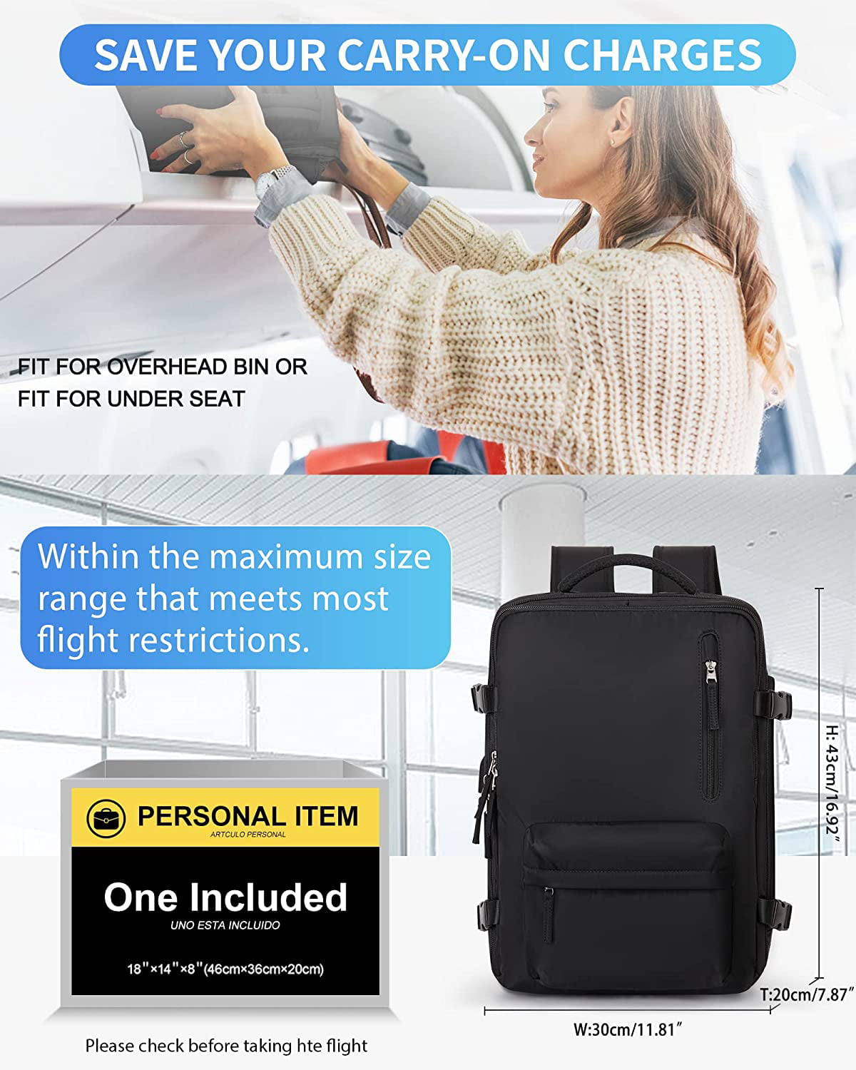 Black Travel Backpack for Women Men, Airline Approved Carry On Backpack for Traveling on Airplane,Small Laptop Backpack with Shoe Compartment Hiking Waterproof Casual Daypack Large School Bag