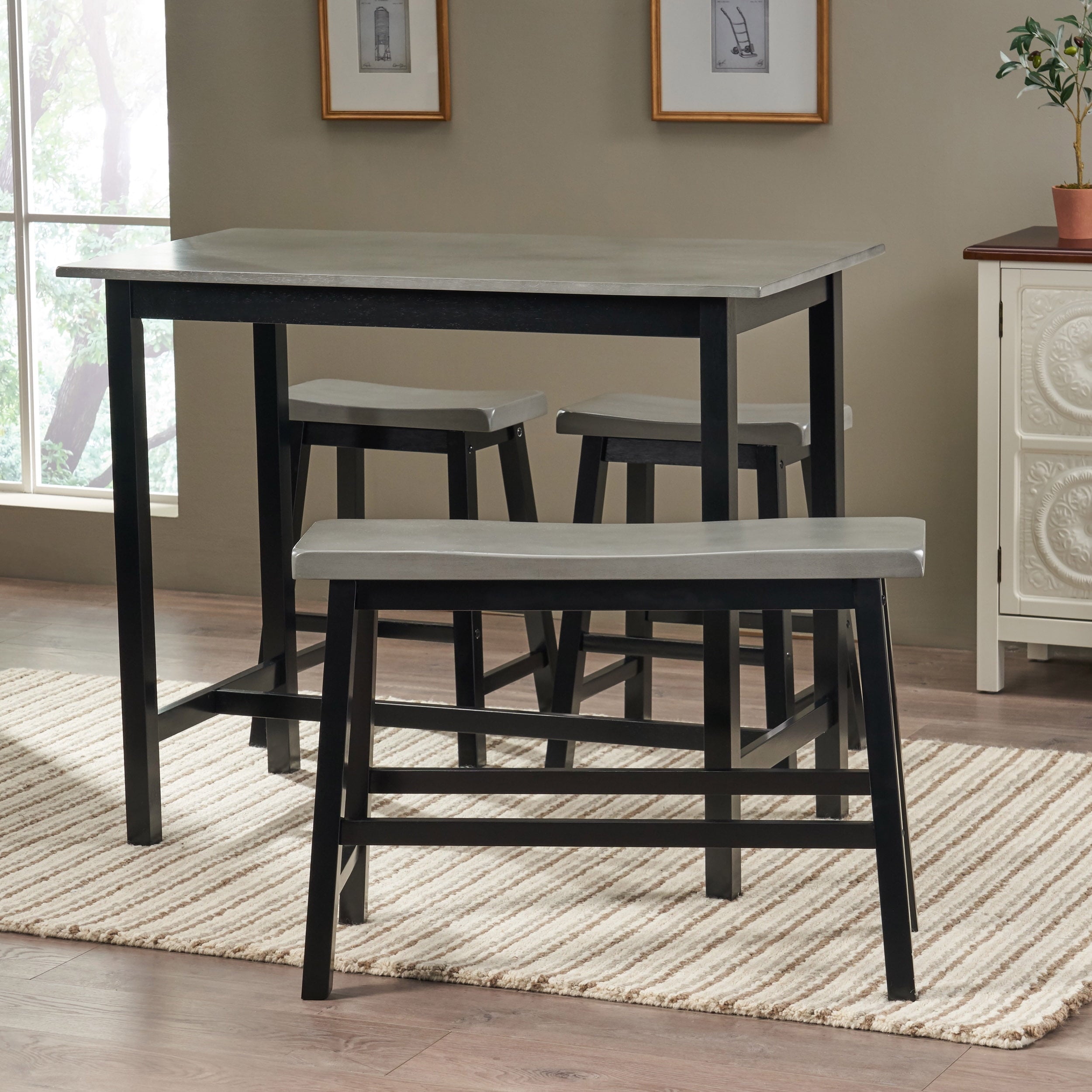 Noble House Dickson Farmhouse 4 Seater Rubber Wood Counter Dining Set, Gray and Black