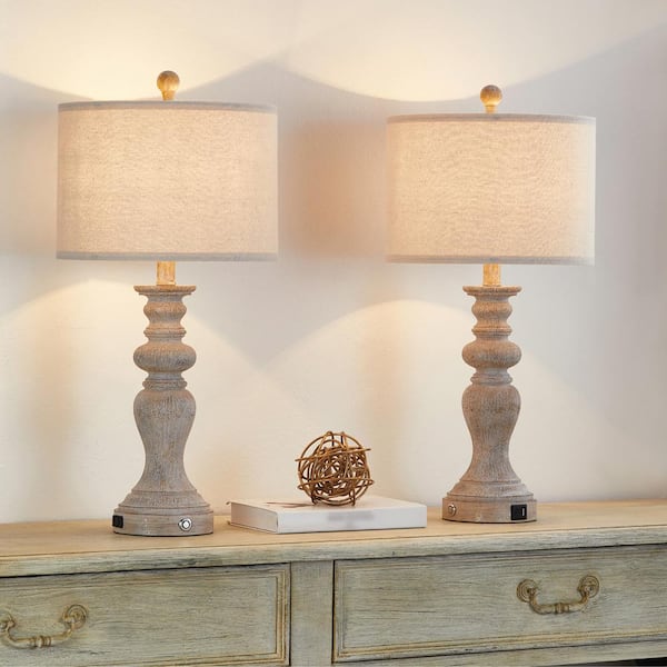 24.7 in. Rustic and Farmhouse Table Lamp Set and USB Port (Set of 2)