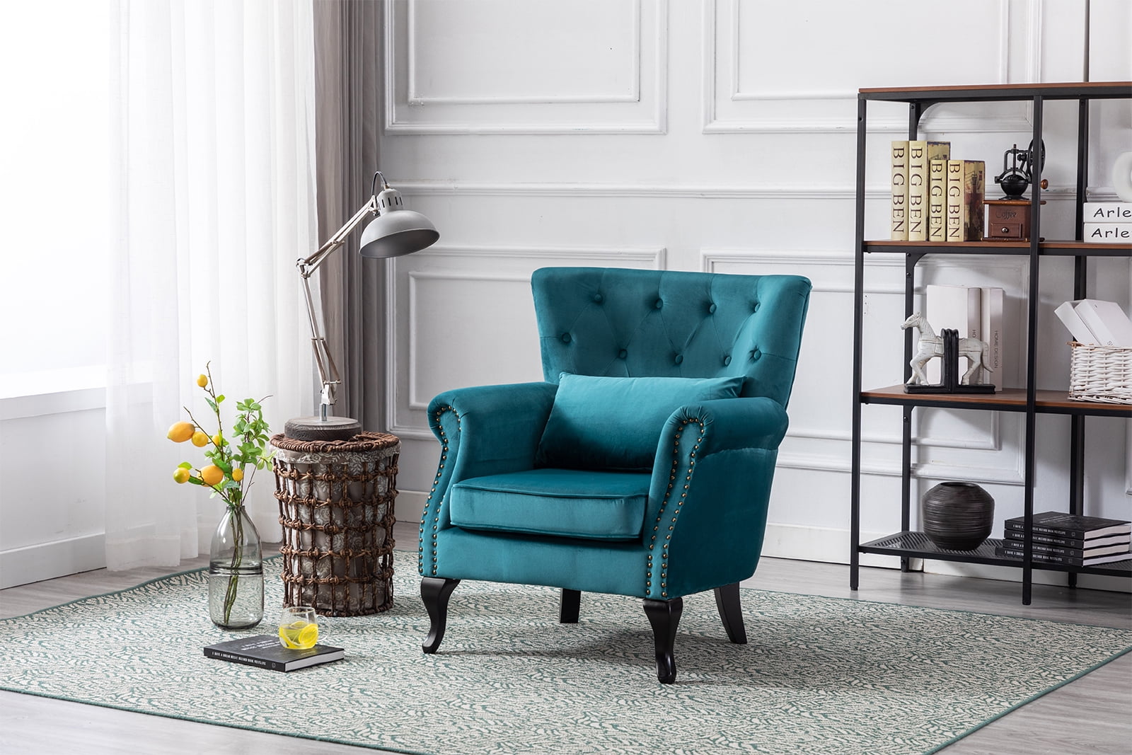 Guyou Mid Century Accent Chair Modern Button Tufted Armchair Wingback Club Chair Velvet Single Sofa Lounge Chair with Pillow for Living Room Bedroom, Teal Blue