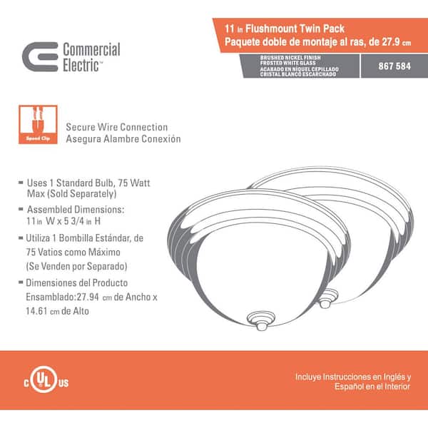 11 in. 1-Light Brushed Nickel Flush Mount with Frosted Glass Shade (2-Pack)