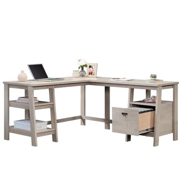 Trestle 59.055 in. L-Shape Chalked Chestnut Computer Desk with File Storage