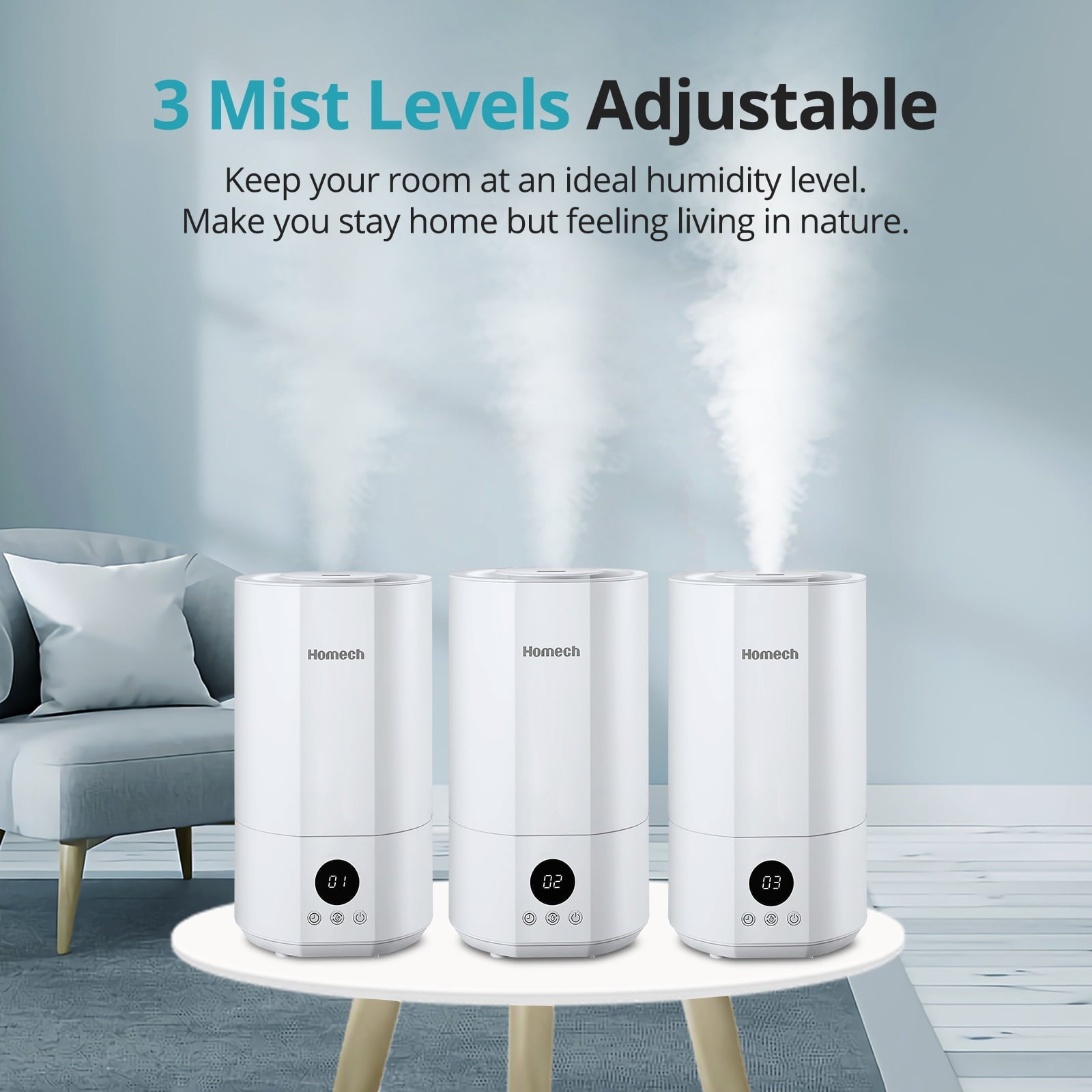 Homech Humidifier Top Fill(1 Gal/4L)Cool Mist Quiet Ultrasonic Air Humidifier with 12H Timer, AI Mode Adjustable 3 Mist Level, White