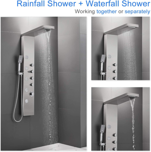 ROVOGO Shower Panel Tower, Rainfall Waterfall Shower Head, 5 Body Jets and 3-Fun
