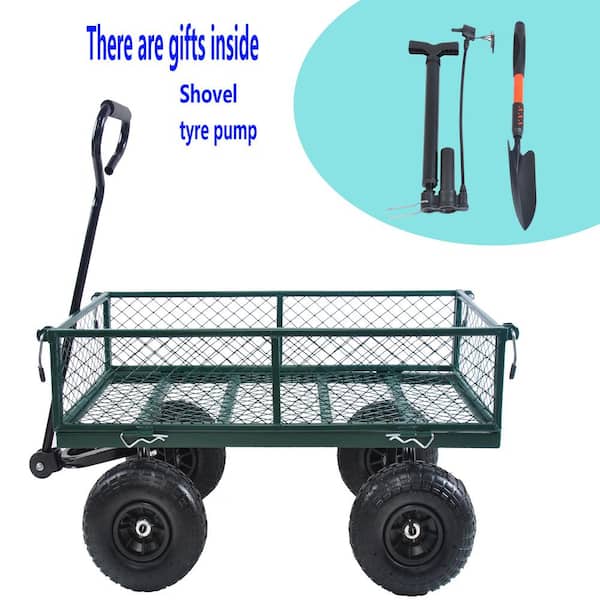 3.5 cu.ft. Mesh Steel Frame Wagon Heavy-Duty Push Garden Cart with Removable Sides for Outdoor Lawn Landscape in Green