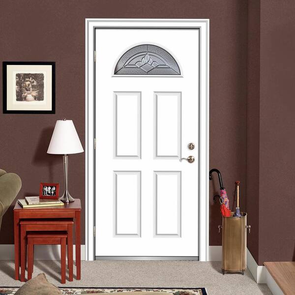 30 in. x 80 in. Grace Right-Hand Inswing Fan-Lite Decorative 4-Panel Primed Steel Prehung Front Door, 4-9/16 in. Frame