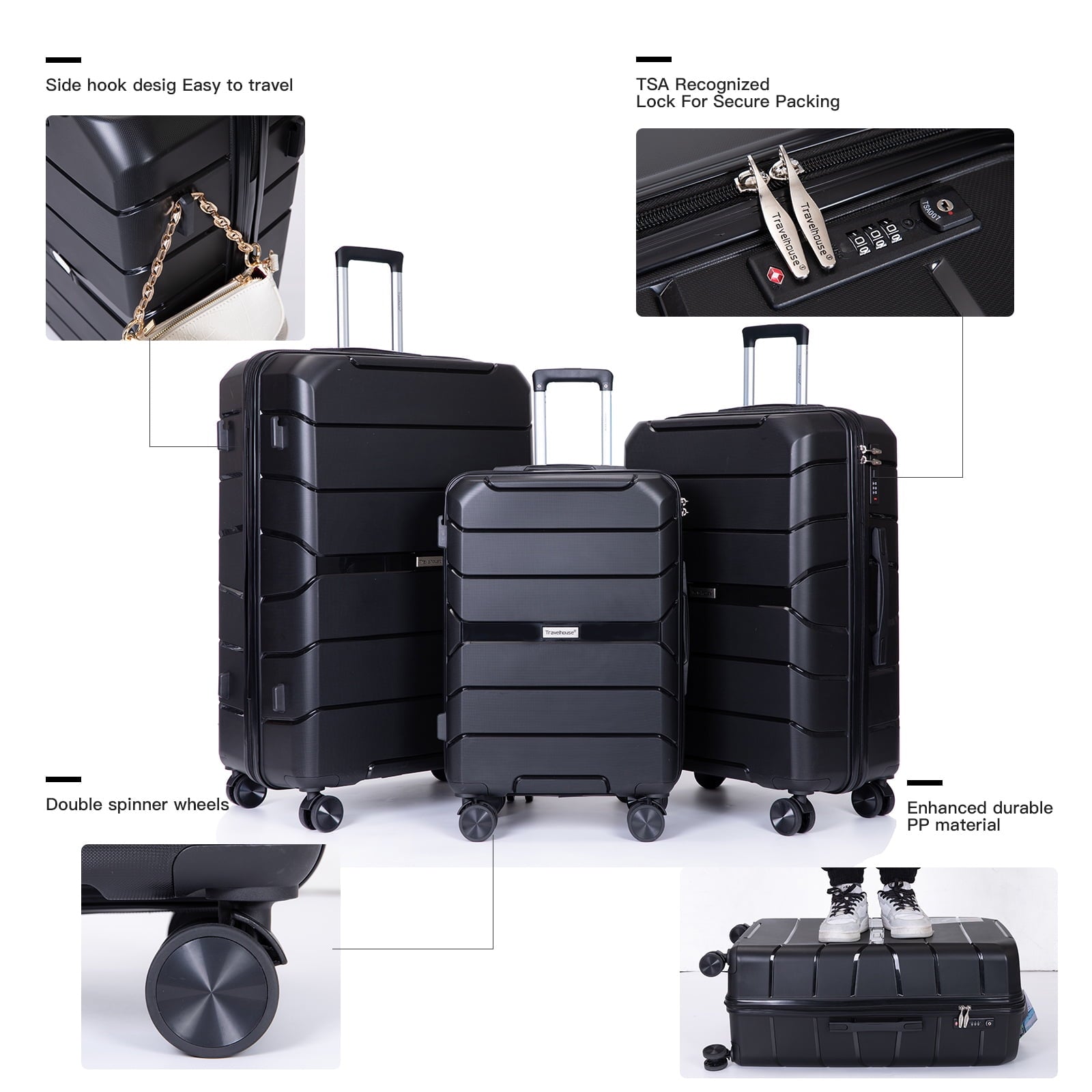 Travelhouse 3 Piece Luggage Set Hardshell Lightweight Suitcase with TSA Lock Spinner Wheels 20in24in28in.(Black)