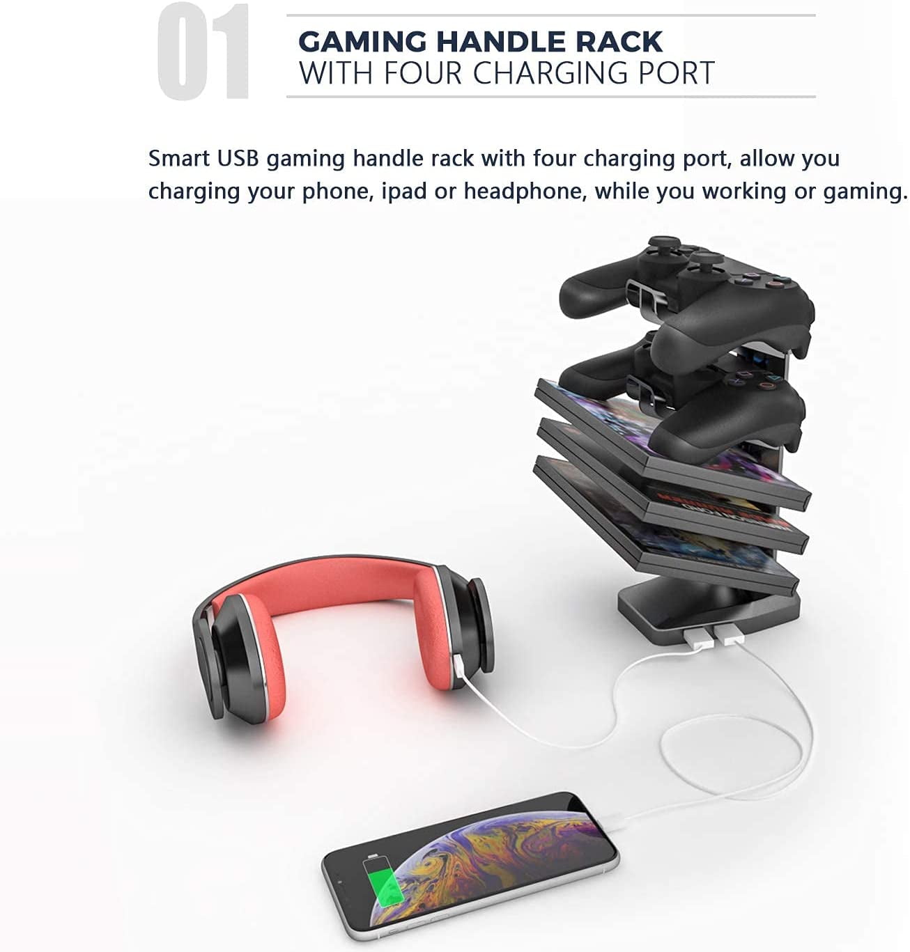 Vitesse 55 Inch Gaming Desk, Ergonomic Office PC Computer Desk with Large Mouse Pad, Z Shaped Gamer Tables Pro with USB Gaming Handle Rack, Stand Cup Holder and Headphone Hook