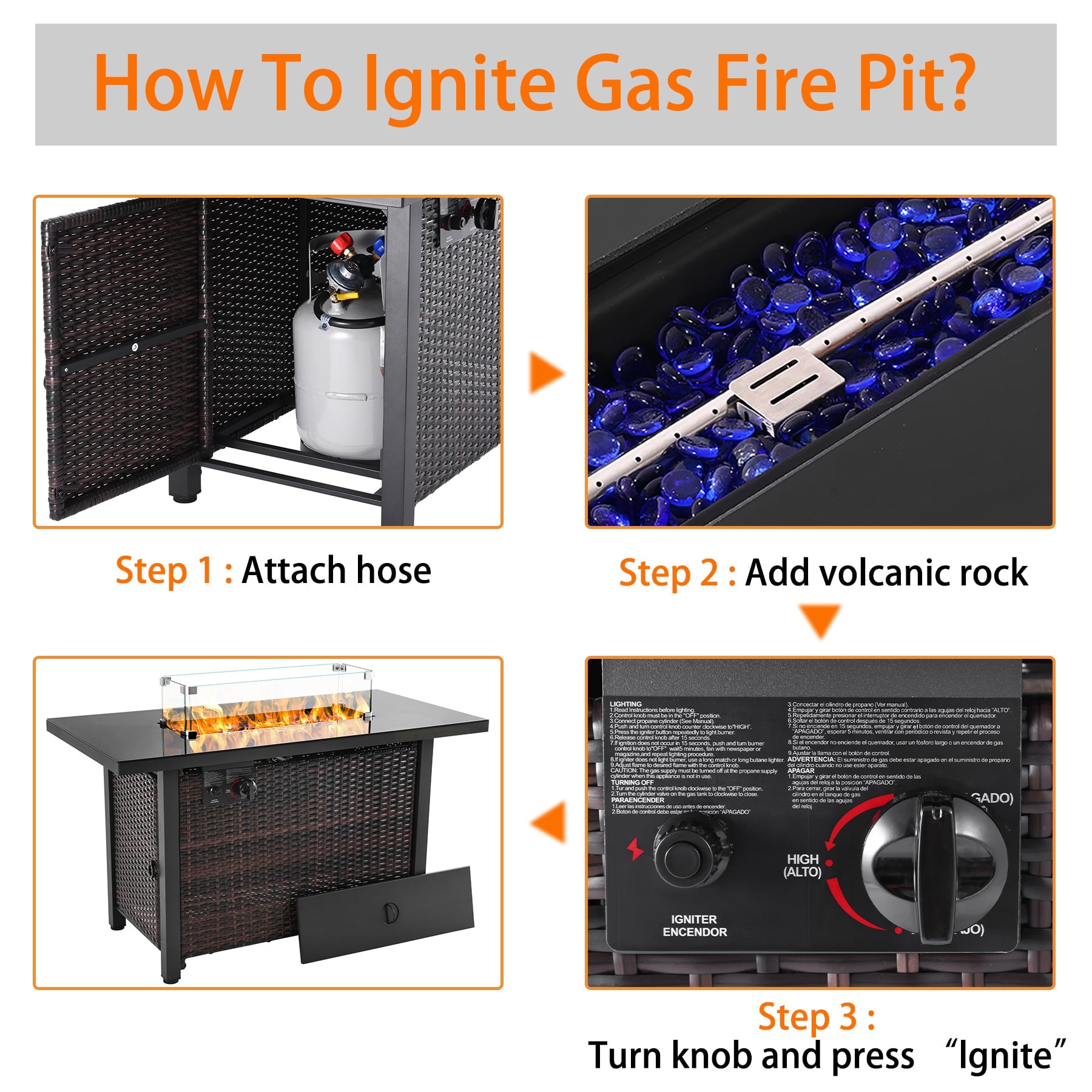 NAVINE 43 inch 60,000 BTU PE Rattan Propane Fire Pit Table Auto-Ignition Outdoor Gas Fire Tables Courtyard Terrace Gardens