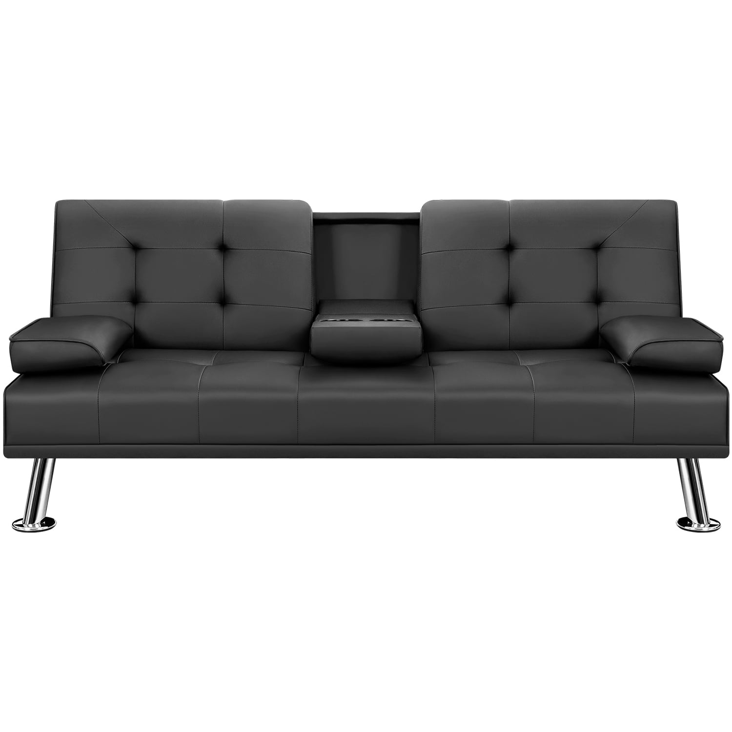 Vineego Modern Faux Leather Couch Convertible Folding Futon Sofa Bed with 2 Cup Holders, Black