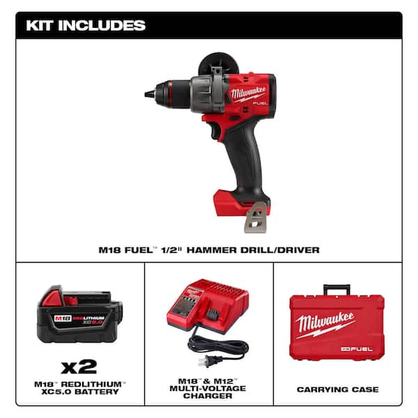 M18 FUEL 18V Lithium-Ion Brushless Cordless 1/2 in. Hammer Drill Driver Kit with Two 5.0 Ah Batteries and Hard Case