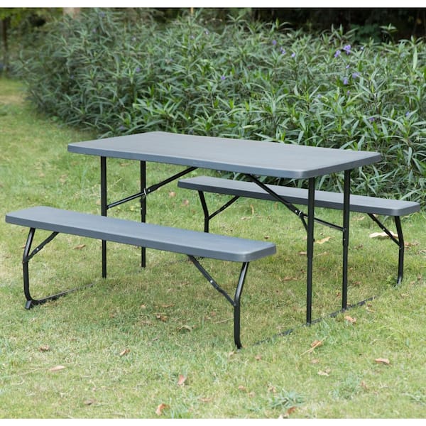 Woodgrain Plastic and Steel Gray Outdoor Foldable Portable Picnic Table Set