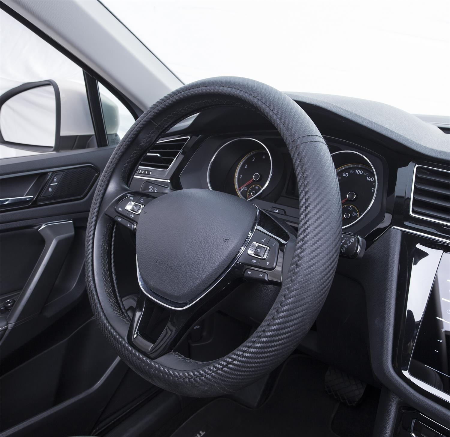 Auto Drive 1PC Steering Wheel Cover Carbon Fiber Black - Universal Fit