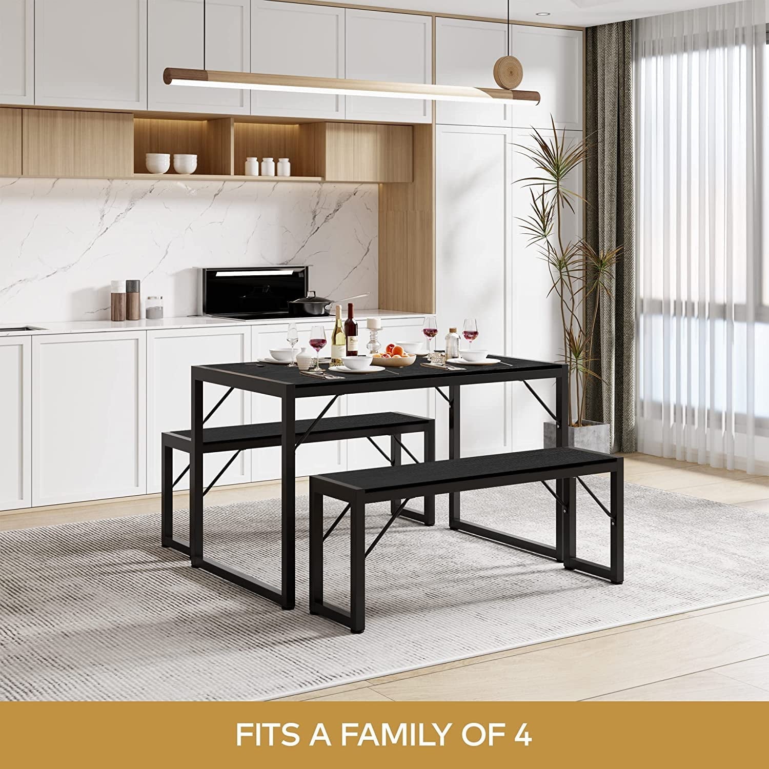 Dining Table Set for 4 People with 2 Benches, Dinette Set, 550lbs, Black
