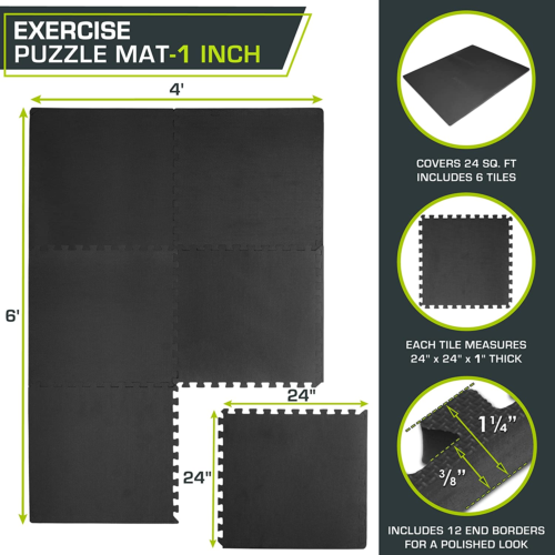 Extra Thick Puzzle Exercise Mat 1” EVA Foam Interlocking Tiles 6 Tiles Black