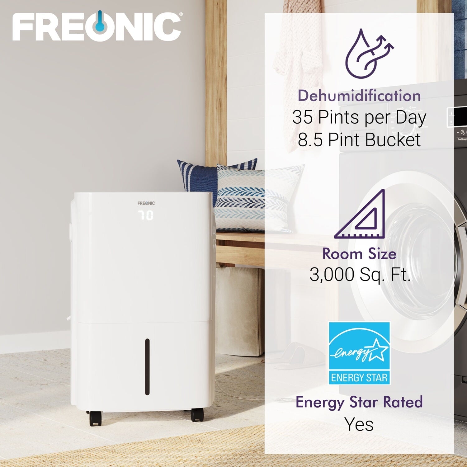 Freonic Energy Star 35-Pint 3,000 Sq.Ft. Portable Dehumidifier in White