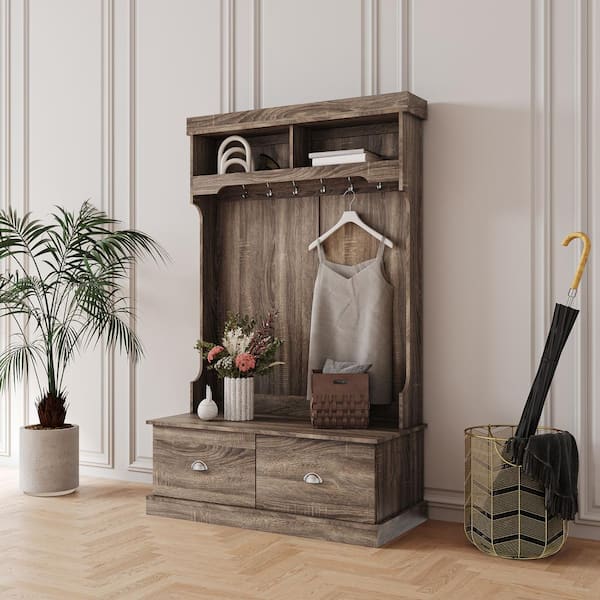 40.16 in. Modern Hallway Hall Tree Multi-Functional Open Wardrobe with Entryway Coat Rack and 2 Drawer