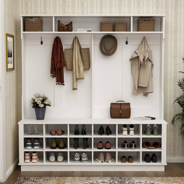 63 in. W White Wood 3-in-1 Hall Tree Coat Rack Shoe Storage Bench with 6-Metal Double Hooks, Shoe Rack and Shelves