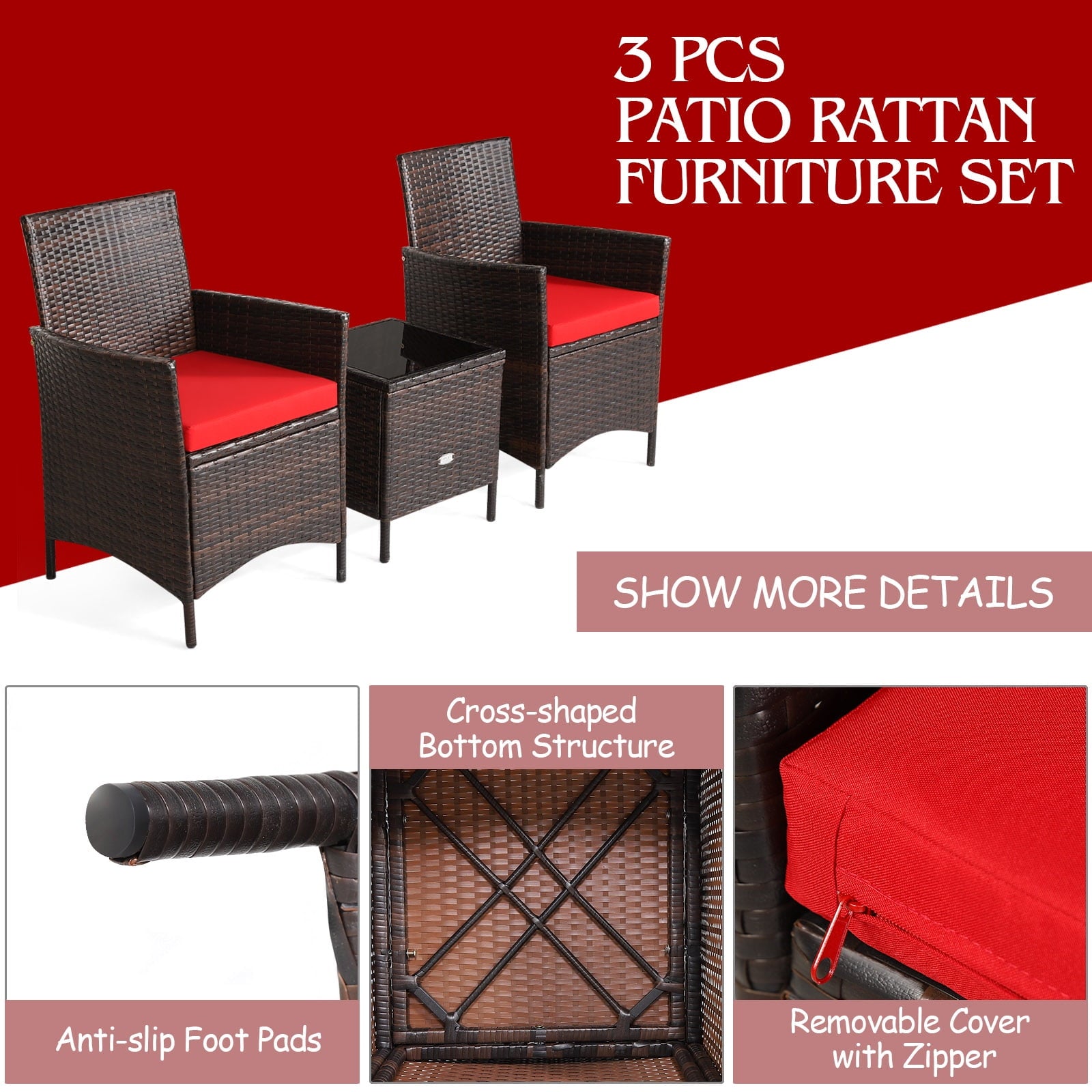 Patiojoy 3 Pieces Patio Rattan Conversation Furniture Wicker Chairs with Coffee Table & Cushions Red
