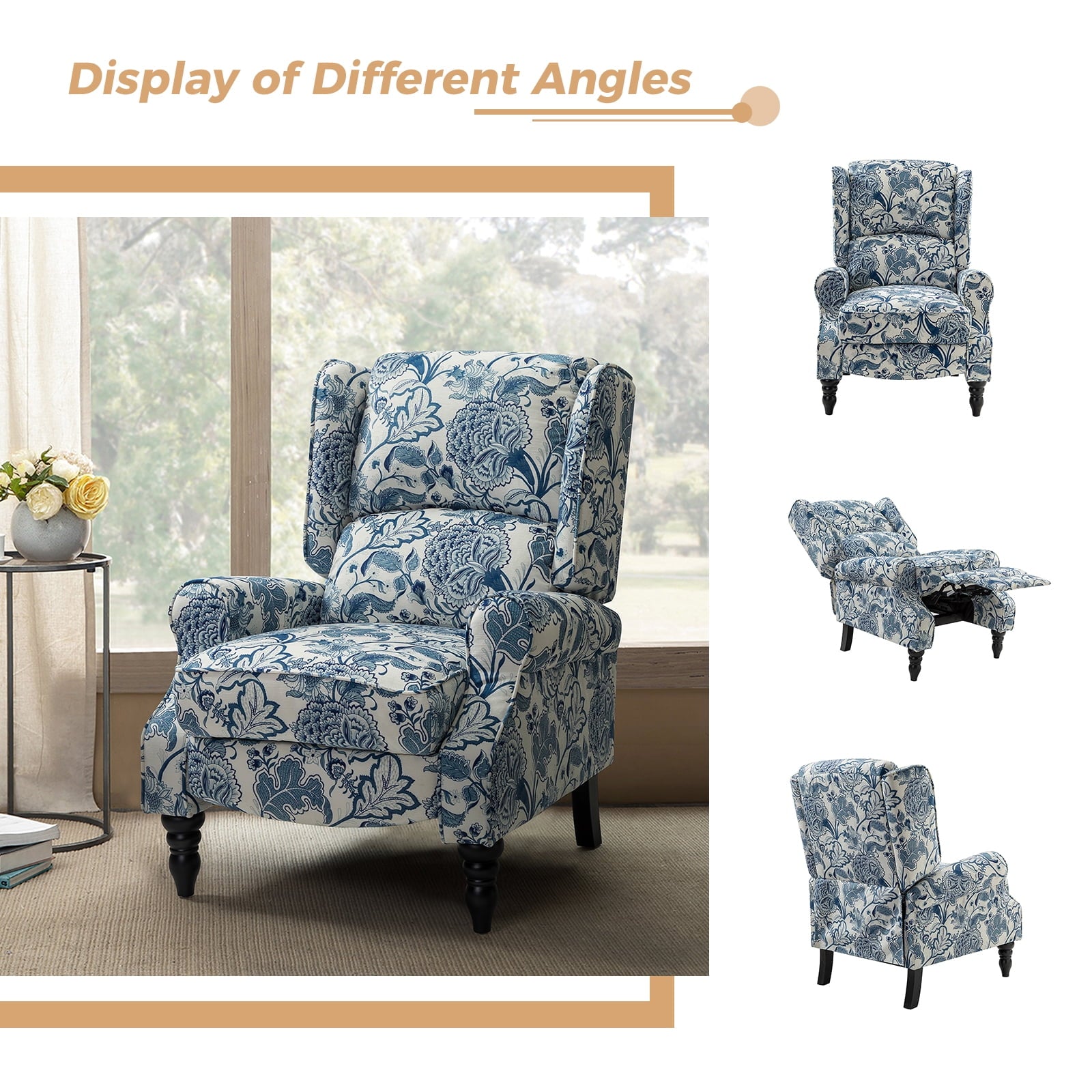 14 Karat Home Modern Manual Recliner Wingback Armchair Wood Legs Bedroom Living Room Jacobean