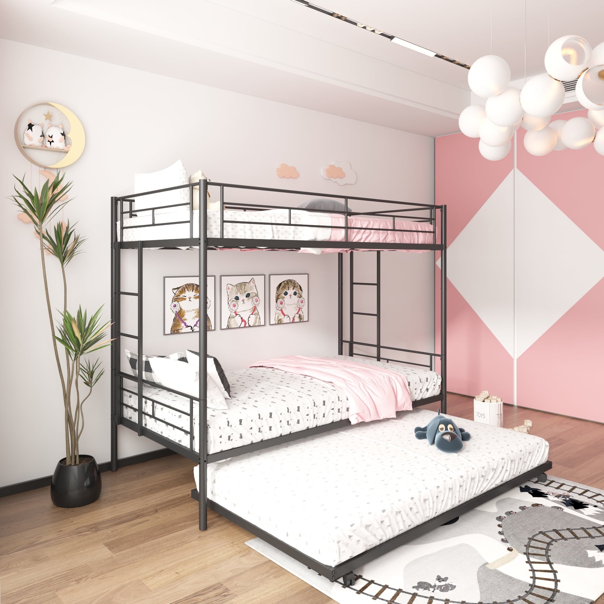 uhomepro Metal Twin Over Twin Bunk Beds with Trundle Bed, Twin Bunk Beds for Kids Adults Teens, Bunk Bed Can Be Divided Into 2 Twin Beds with Trundle, 2 Ladders, No Box Spring Need, Black