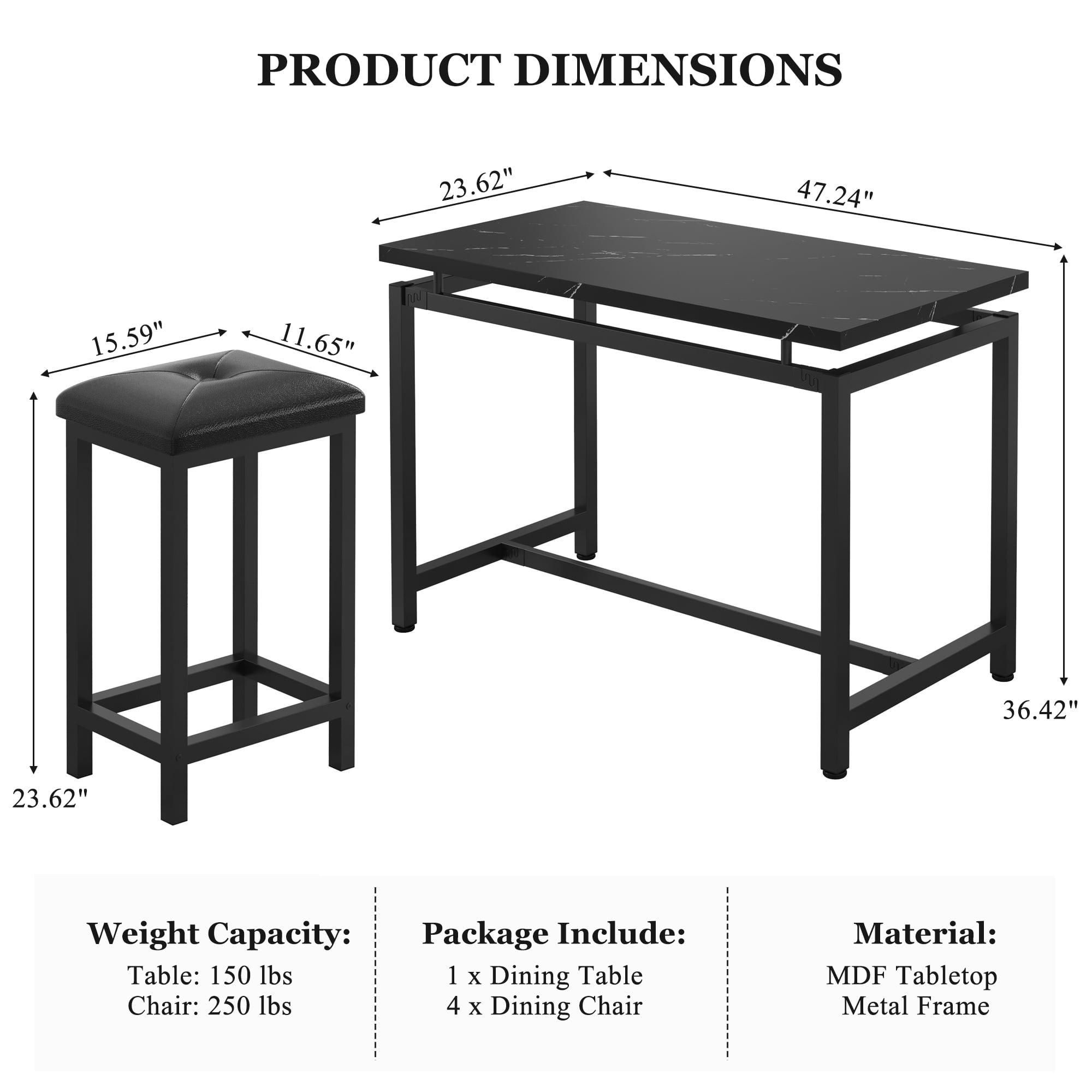 Counter Height Dining Set for 4, BTMWAY 5-Piece Bar Height Dining Room Table Sets, Faux Marble Dining Table and 4 Upholstered Chairs Set, Space Saving Metal Frame Breakfast Diner Table Set, Black