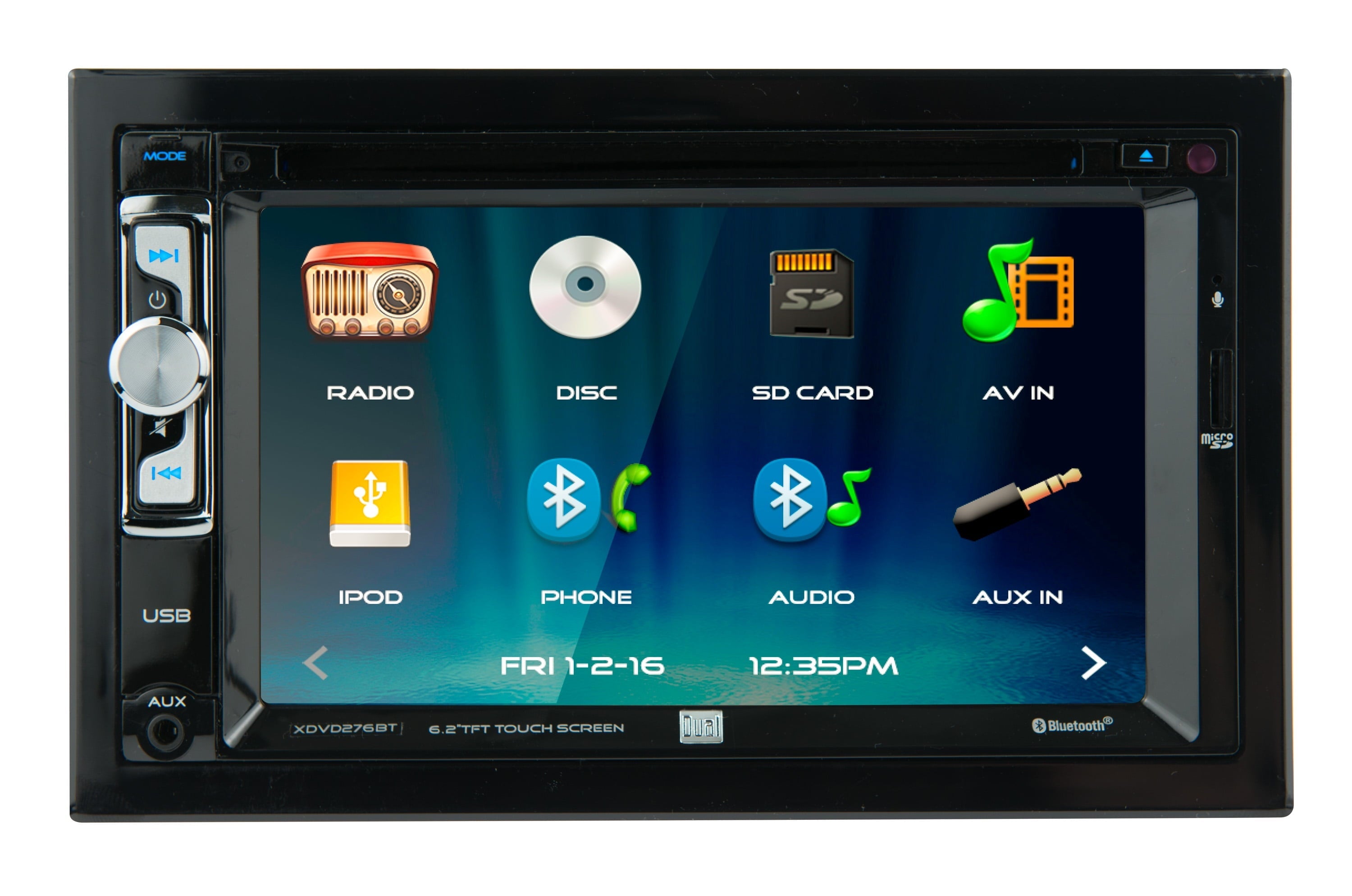 Dual Electronics XDVD276BT 6.2 inch LED Backlit LCD Multimedia Touch Screen Double Din Car Stereo with Built-in Bluetooth, iPlug, CD/DVD Player and USB/microSD Ports