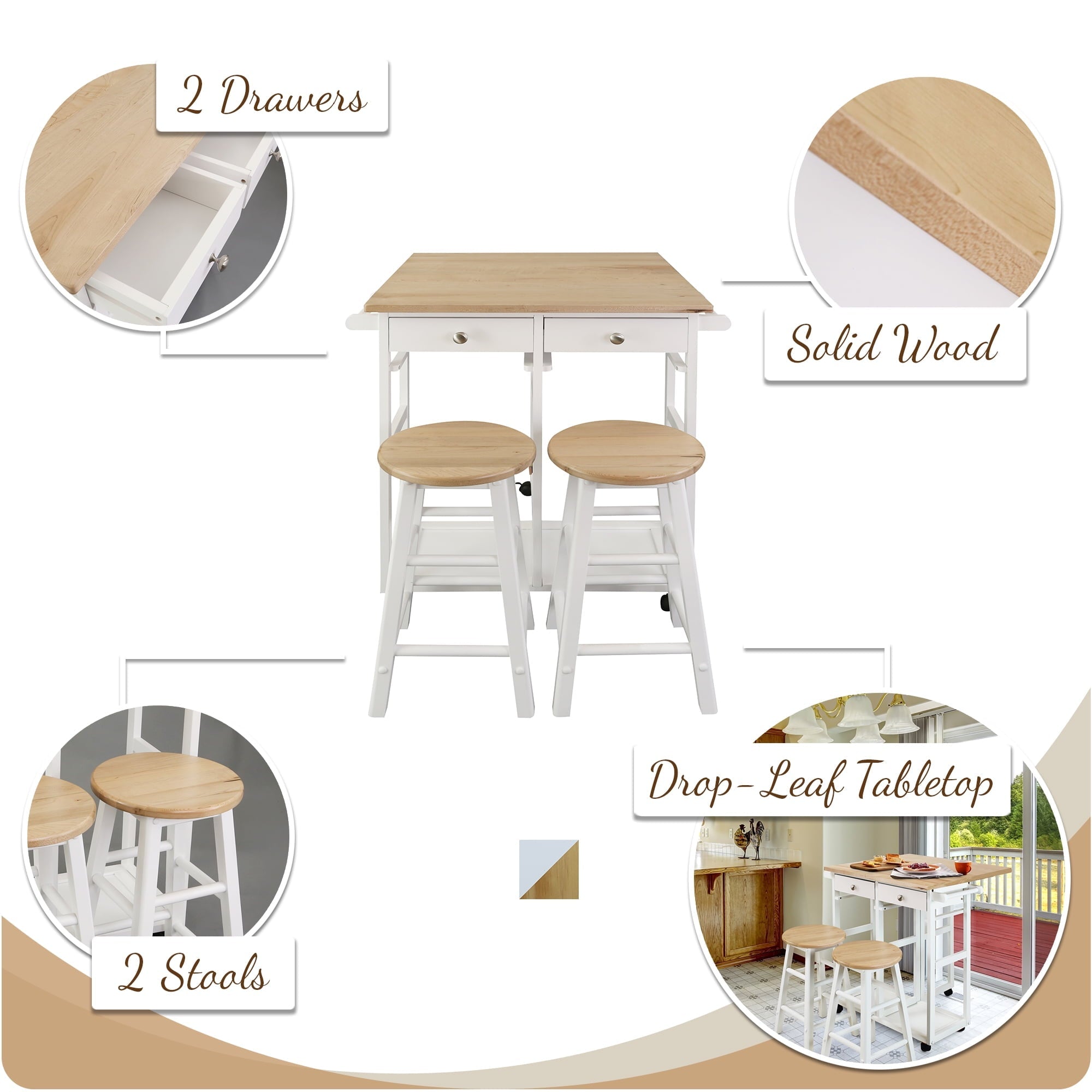 Breakfast Cart with Drop-Leaf Table, American Maple Top, Square - White