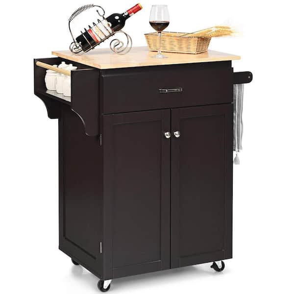 32 in. W Heavy Duty Brown Rolling Kitchen Island with Spice Rack and Adjustable Shelf
