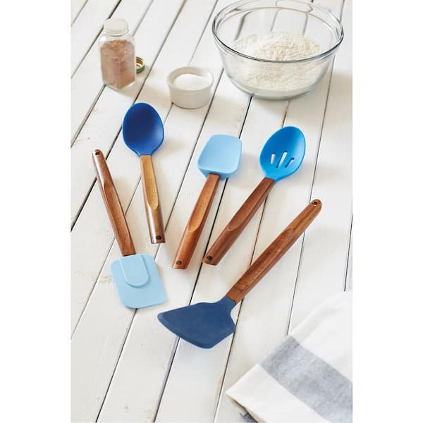 Silicone Cooking Utensil Set, 5-Pieces, Blue, Wooden Handles