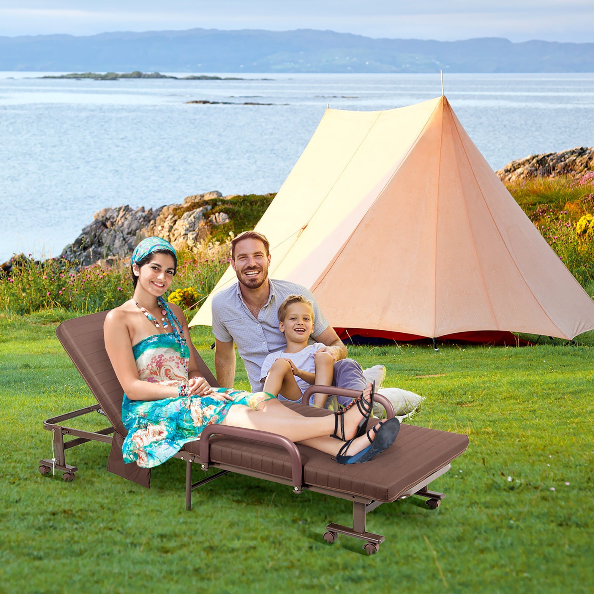 Giantex Folding Guest Bed, Single Bed with with Mattress and Heavy Duty Metal Frame, Adjustable Folding Sleeper Bed with Storage Bag, Portable Sleeper Bed with Wheels for Home, Office, Outdoor (Brown)