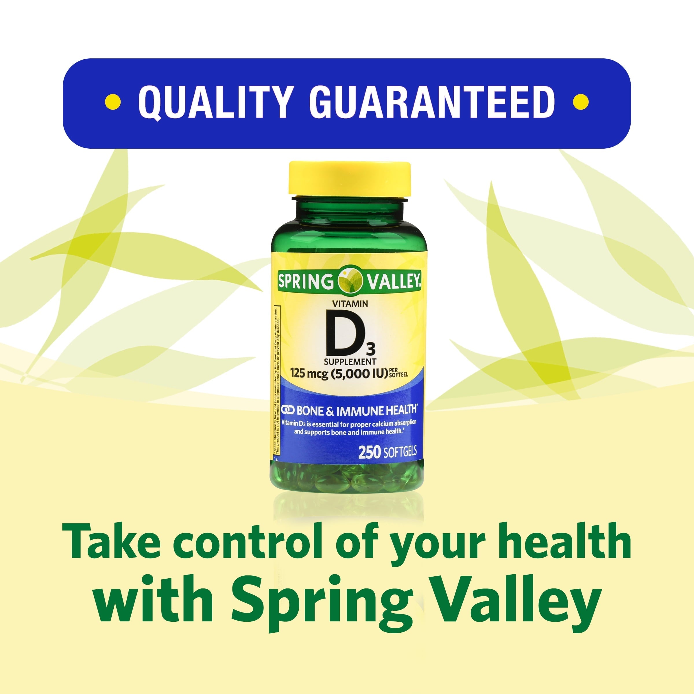 Spring Valley Vitamin D3 Softgels, 125 mcg per Softgel, 5,000 IU, 250 Count