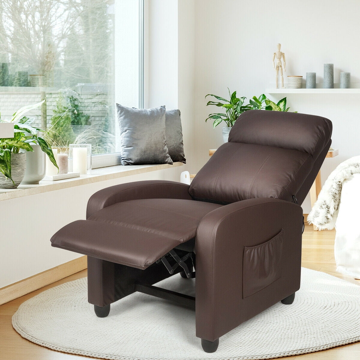 Gymax Massage Recliner Chair Single Sofa PU Leather Padded Seat w/ Footrest Brown