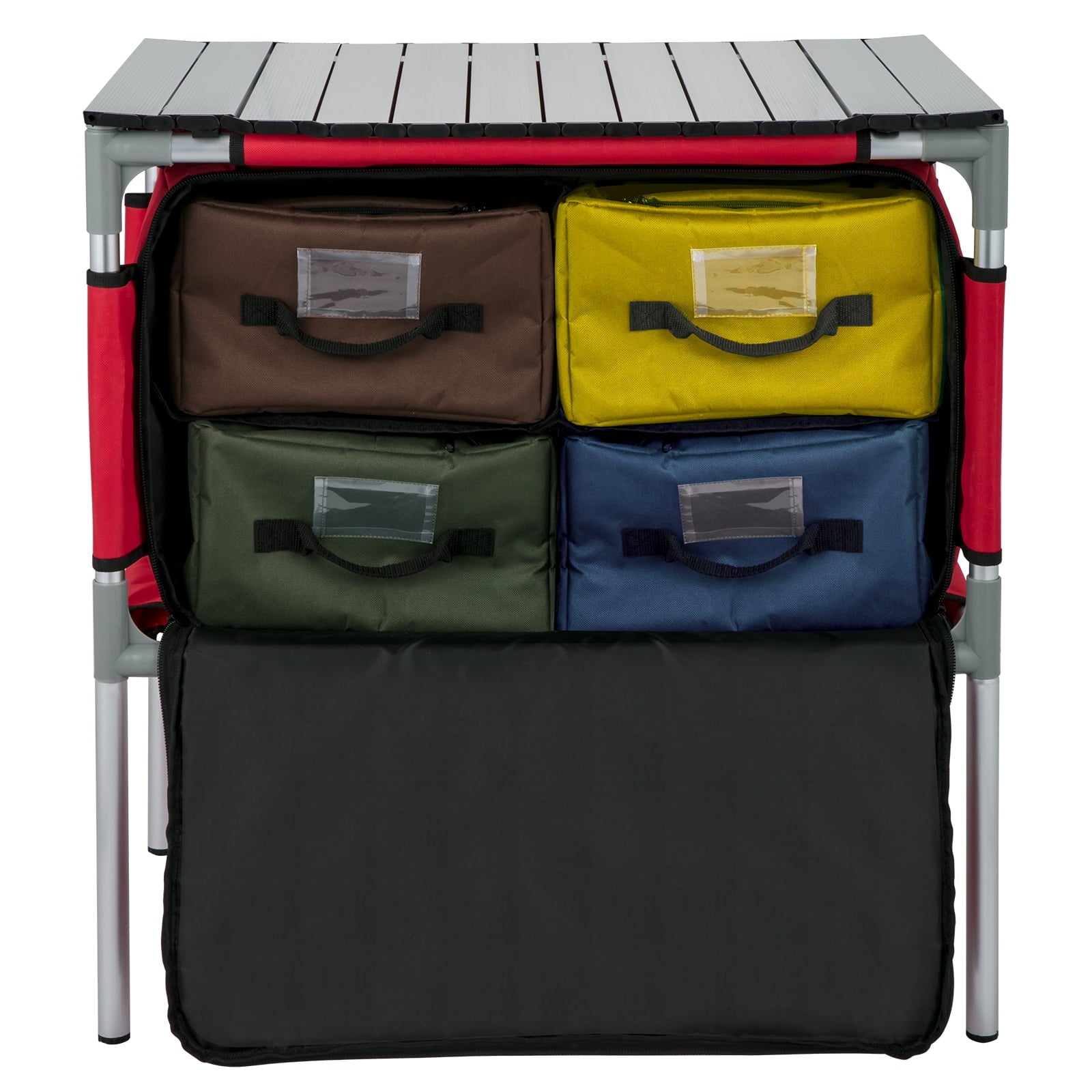 Camping Kitchen Station, Aluminum Portable Folding Camp Cook Table with 4 Detachable Legs & 4 Cooler Bags, Red