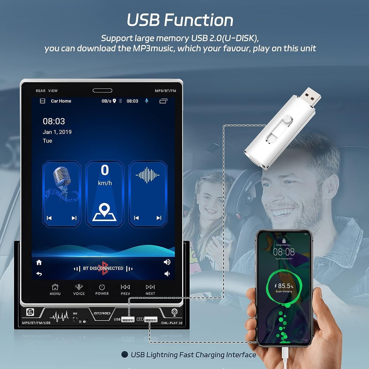 Podofo 2+32G Double 2 Din Adjustable 9.5'' Vertical HD Touch Screen Car Stereo Radio Android 12 Car Player Head Unit Bluetooth Wifi GPS FM Receiver Audio USB Mirror Link, with Backup Camera