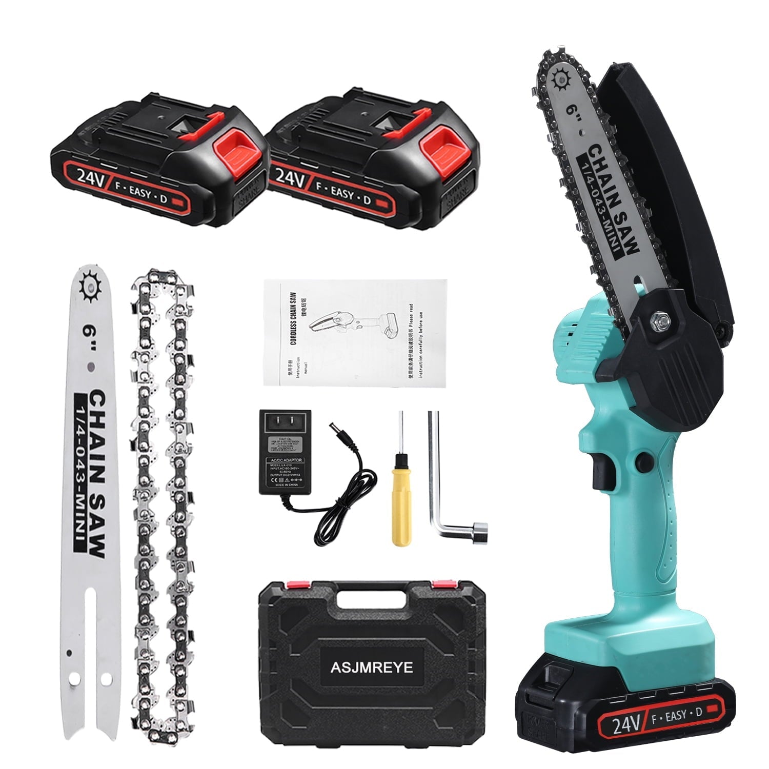 COSYJOY Single Handed Mini Chainsaw 6-inch with Lithium Battery, Brushless Motor, Cordless Electric Chainsaw with Safety Lock, 2Batteries, 3Chain