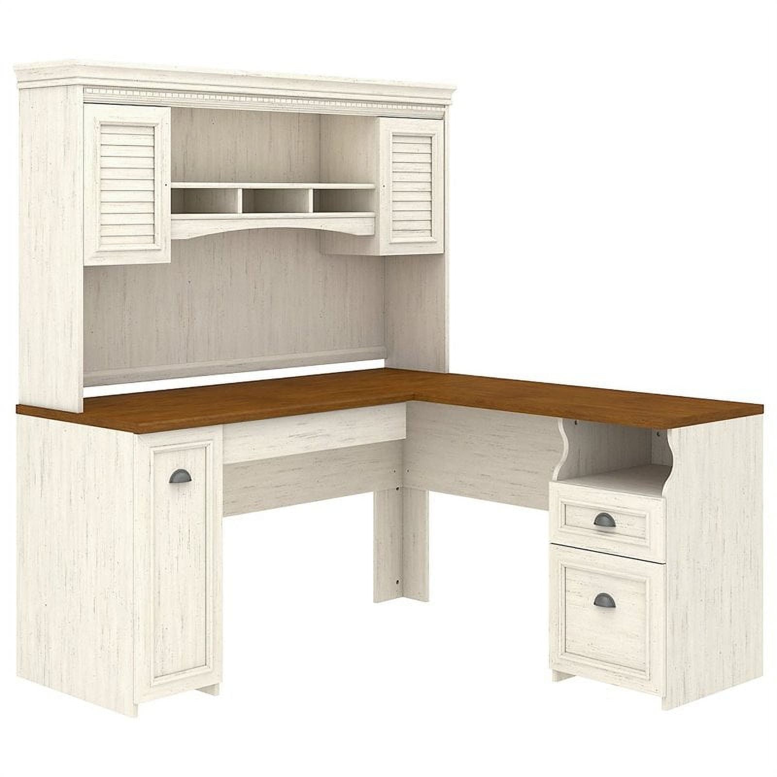 Bush Furniture Fairview L Shaped Desk with Hutch in Antique White