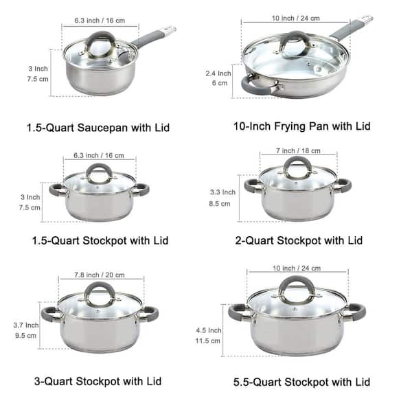 12-Piece Stainless Steel Cookware Set in Gray and Stainless Steel