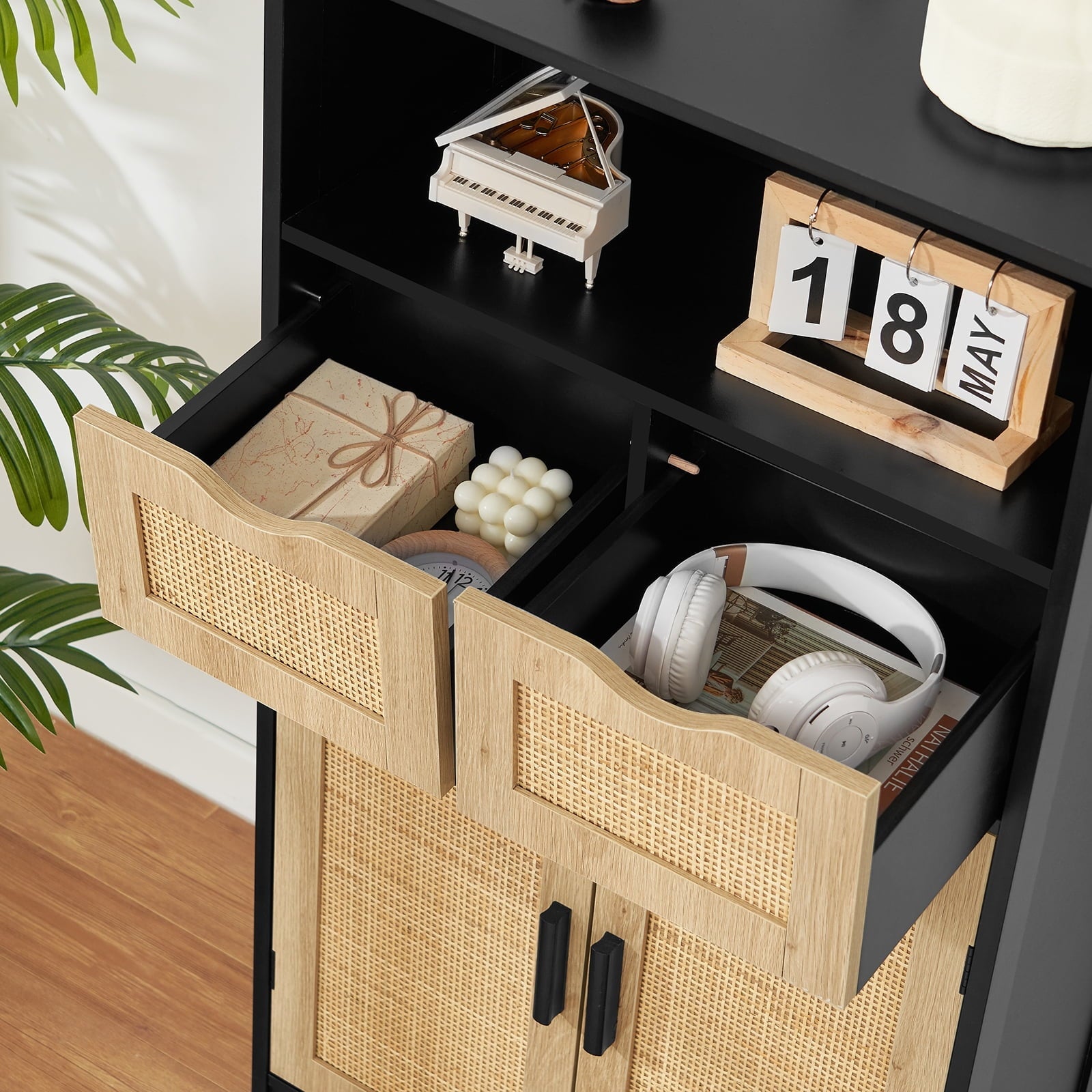 Iwell Rattan Storage Cabinet with 2 Drawers & 2 Shelves, Floor Cabinet for Living Room