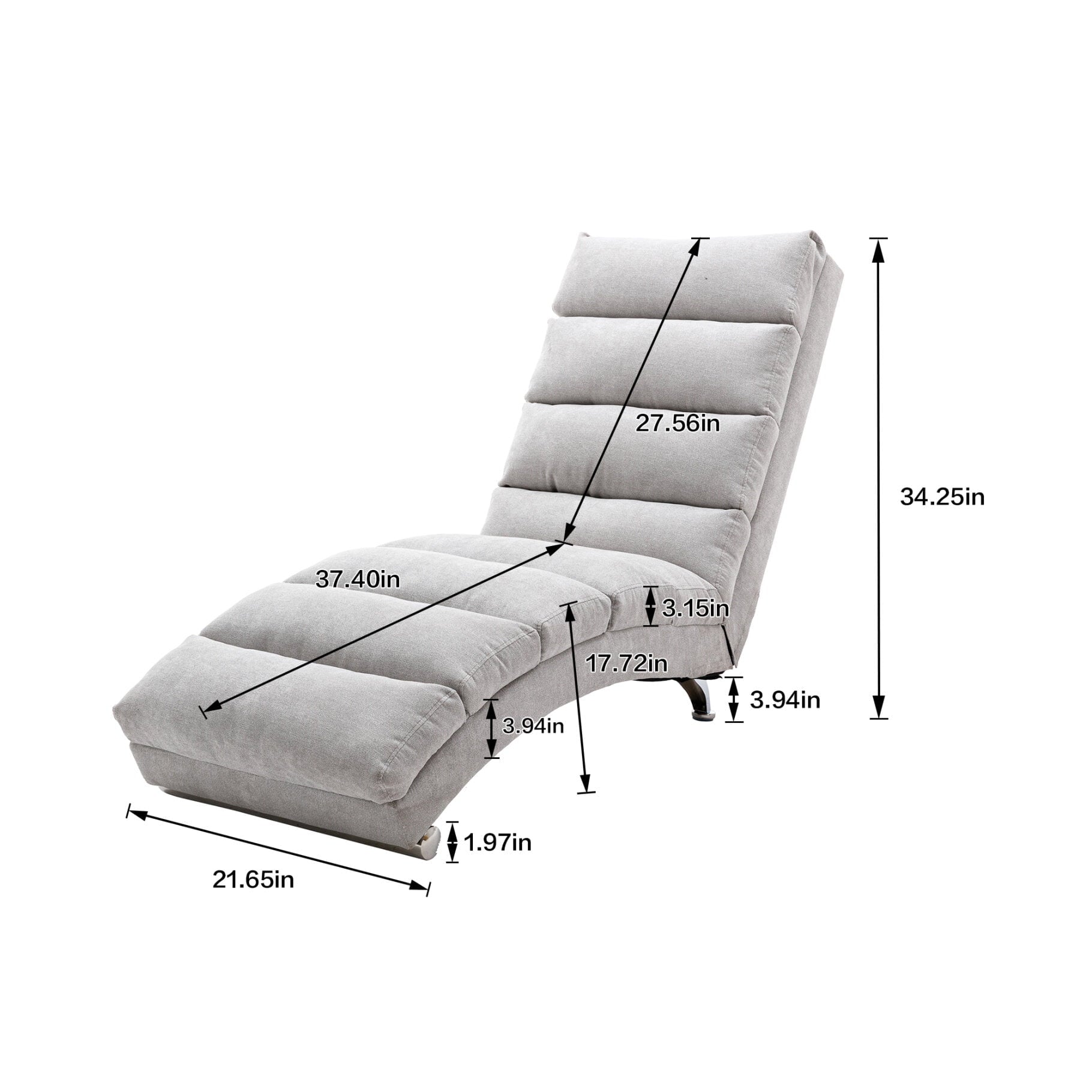 Power Massage Chaise Lounge Chair with 140° Backrest and Side Pocket, Long Lounger Armless Upholstered Chaise with Metal Legs for Office Living Room, Light Grey
