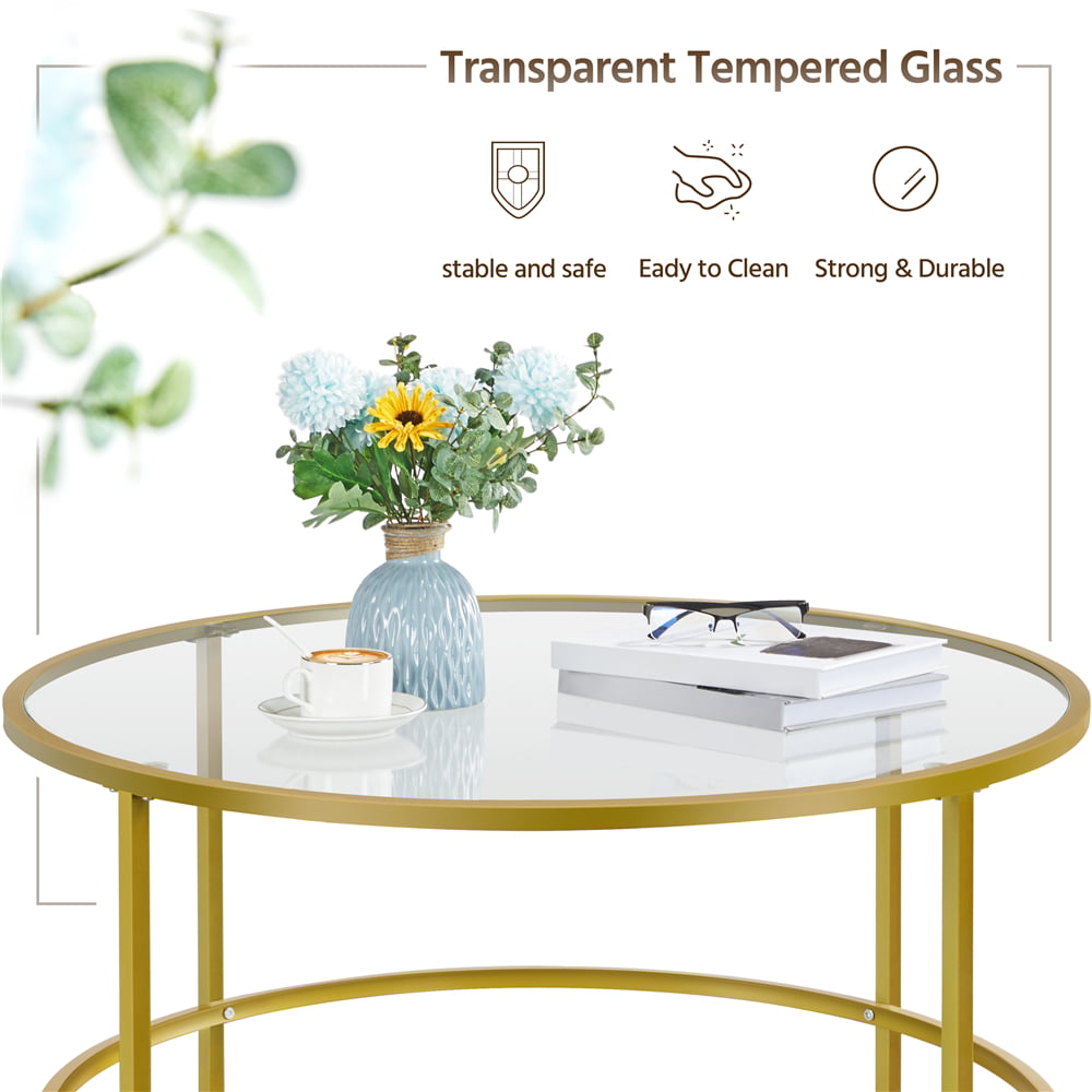 Alden Design Round Modern Glass-Top Coffee Table, Gold